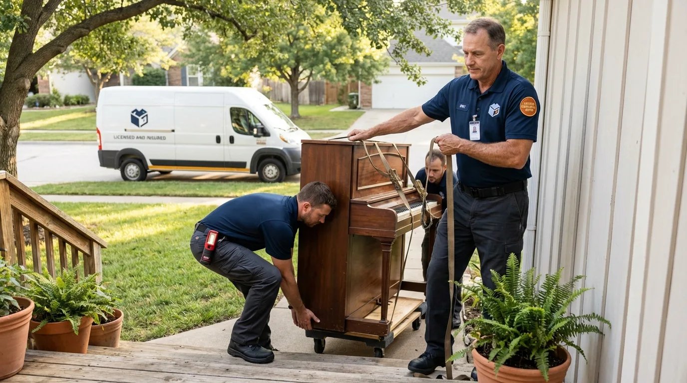 Licensed piano movers securing grand piano in Green Springs, OH