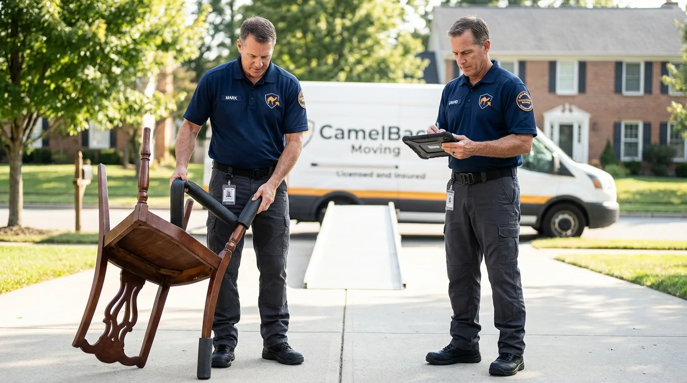 Movers inspecting furniture for damage prevention before loading in Green Springs, OH