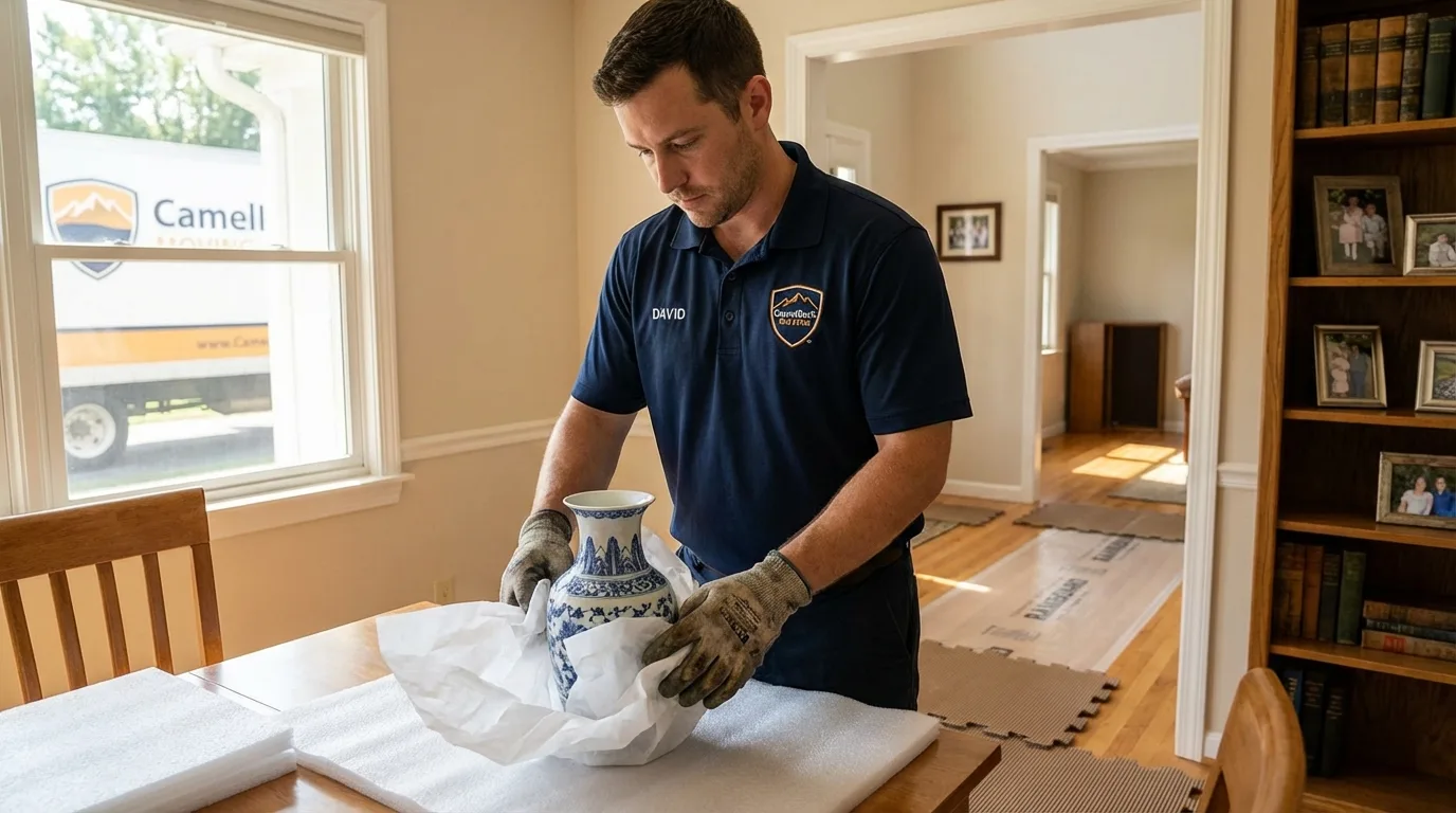 Professional crew carefully wrapping antique vase for senior downsizing move in Green Springs, OH